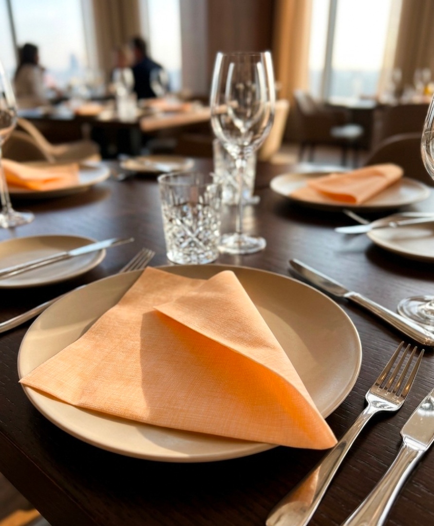 Allestimento tavola ristorante con tovaglioli bio